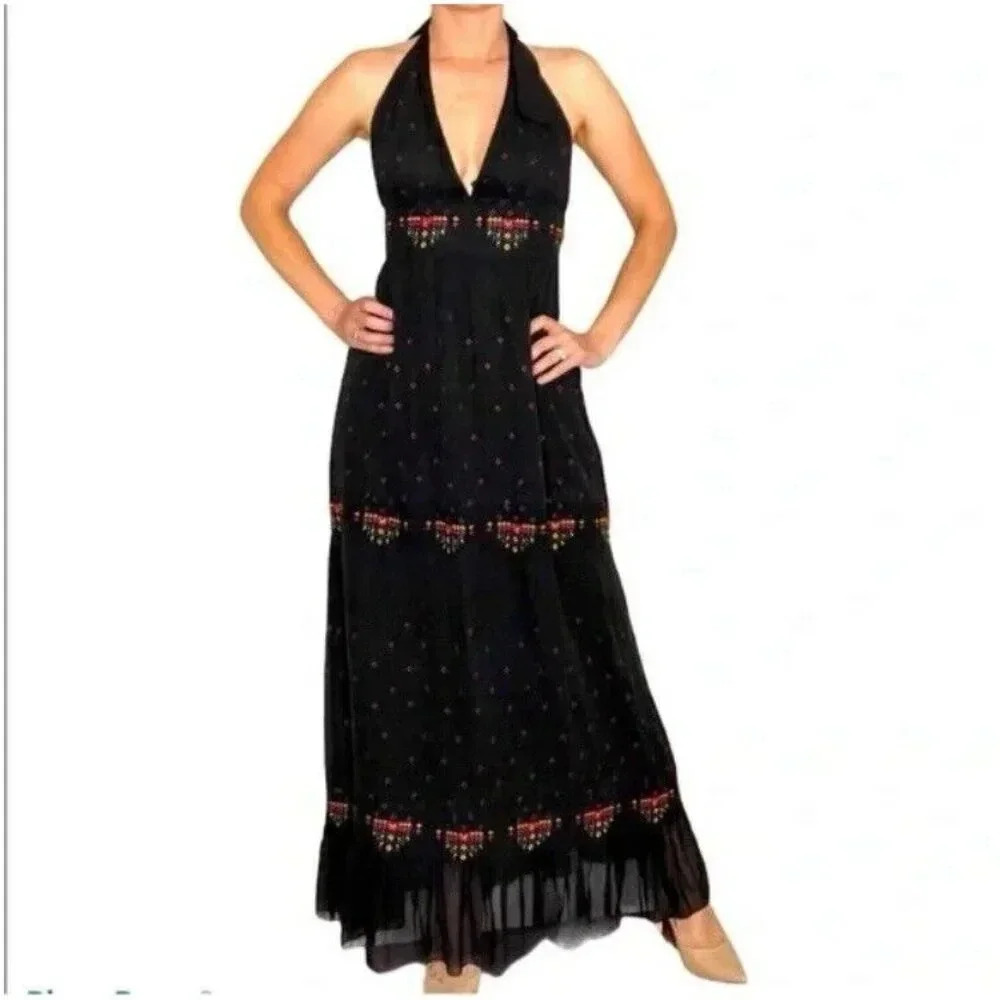 Marciano  Silk Black Tiered‎ Embroidered Halter Dress Womens Small Long Maxi